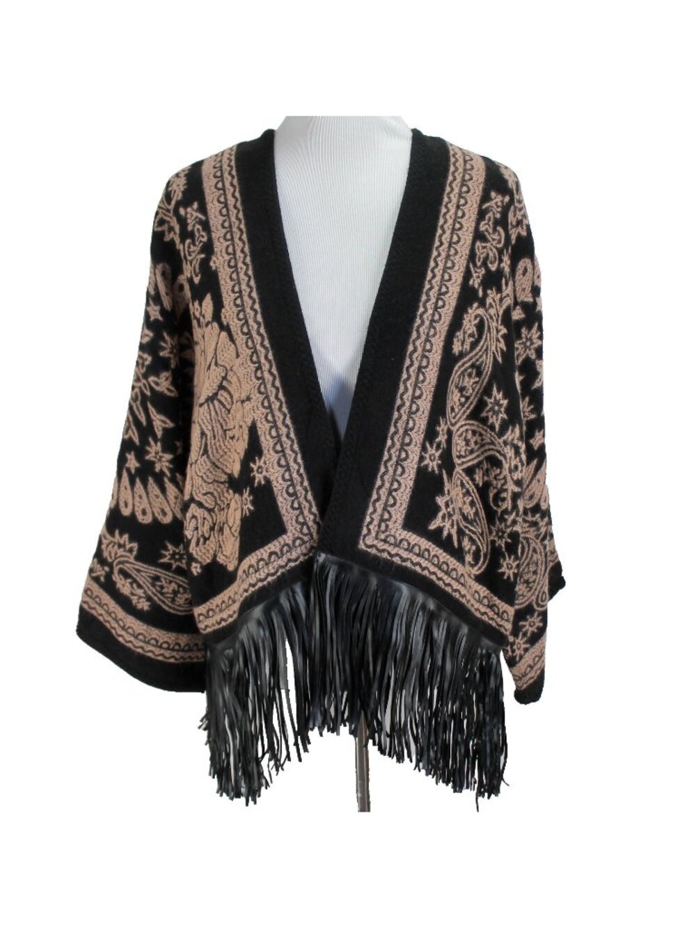 Chicos Sweater Wrap Jacket Size S/M Black Tan Faux Leather Fringe Open Cardigan